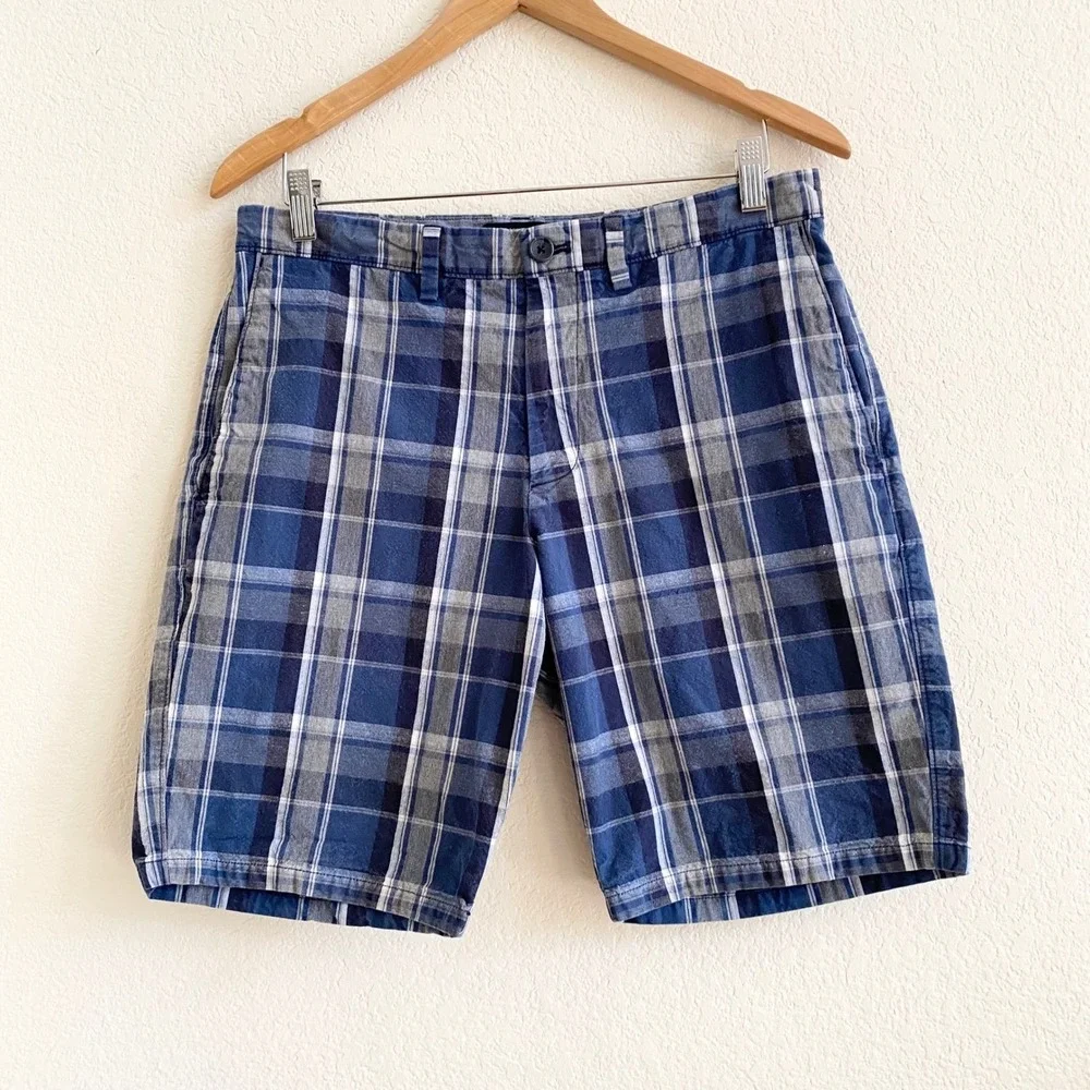 Banana Republic Aiden Short Mens 32 Blue‎ Gray Plaid Cotton Shorts 9.5